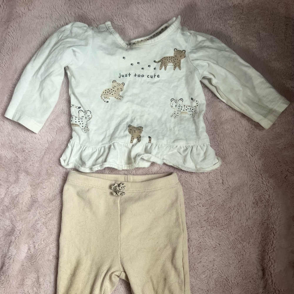 Carters coordinating white and beige leopard “ just too cute” outfit.